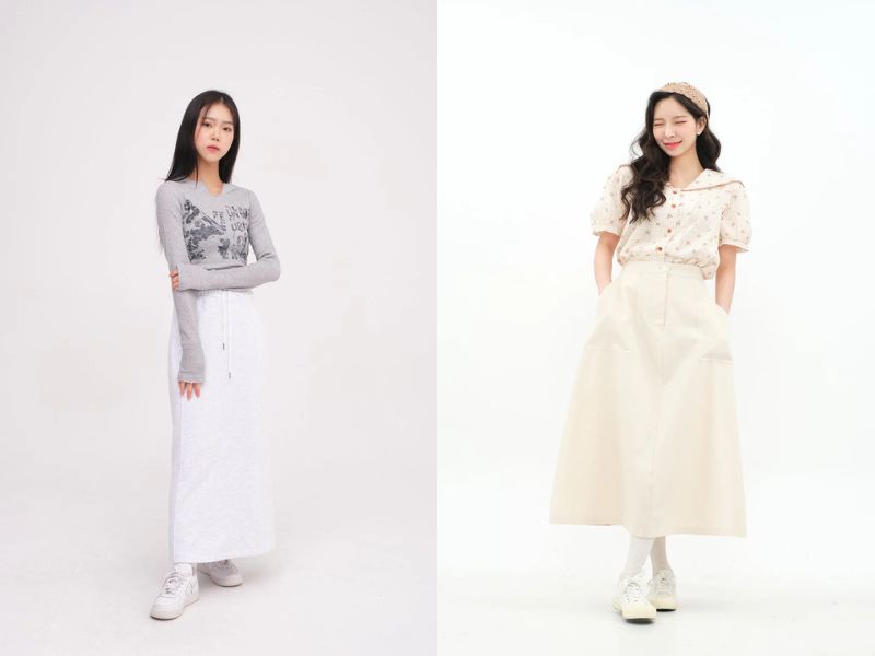 bccb2ebe-phoi-do-voi-giay-the-thao-13 Chân váy dài màu trắng giúp bạn nhã nhặn hơn (Nguồn: lewkin.com)