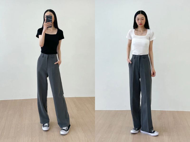 d49a9418-phoi-do-voi-quan-ong-rong-4 Cách phối áo với quần ống rộng là phối áo thun cổ vuông